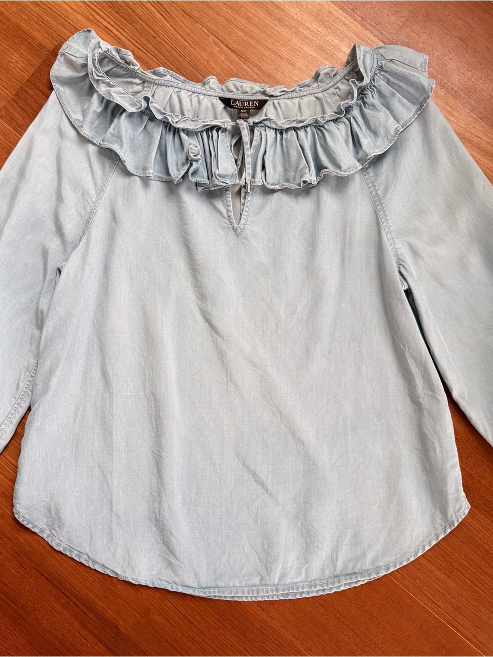 Ralph Lauren Jeans Blue Ruffle Neck Long Sleeve Blouse